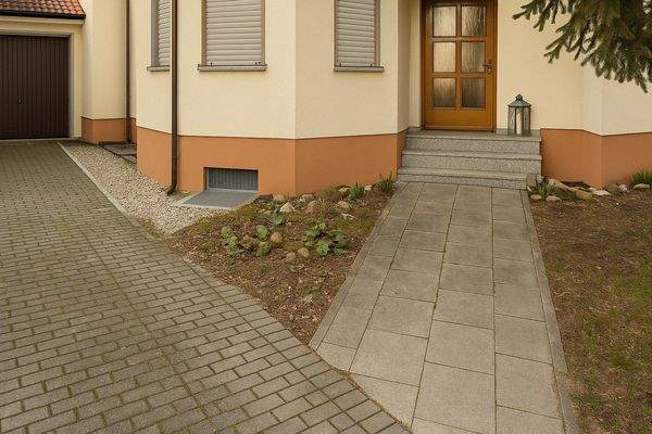Komfortabler Hauseingang mit durchdachter Wegeführung und charmantem Naturstein-Akzent
