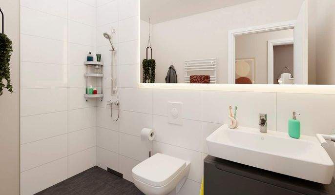 Ein modern gefliestes Badezimmer