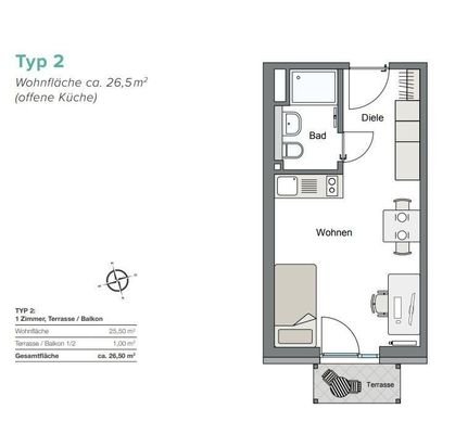 Typ 2_25,6 qm_1 Zi mit Terrasse_Balkon_offene Küch