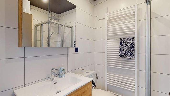 Badezimmer mit Dusche, Wc und Waschmaschine