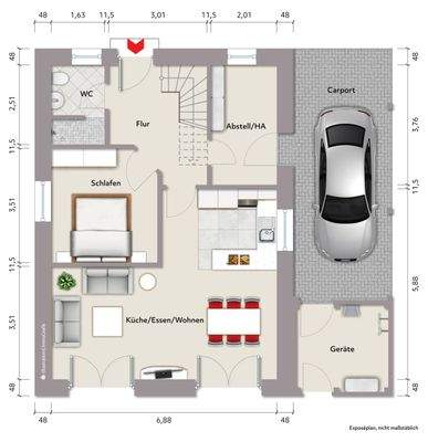 EFH2: Grundriss Erdgeschoss (nicht maßstabsgerecht, Möblierungsbeispiel)
