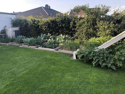 Gemüsebeete und Rutsche