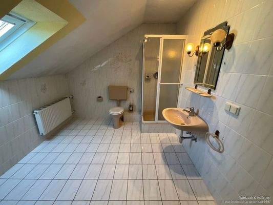 Badezimmer im Dachgeschoss mit Dusche, WC und Waschbecken