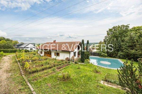 Blick auf das Grundstück und den Pool