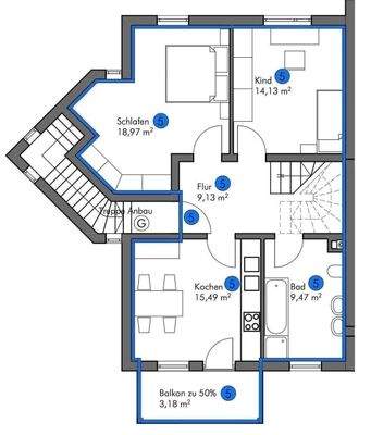 Wohnung Nr 5, untere Etage mit Südwestbalkon