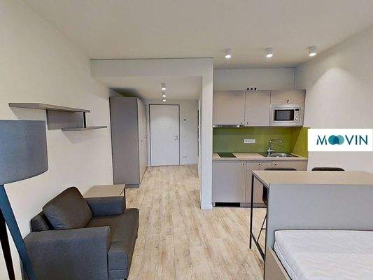 Ansicht V: Wohn- und Schlafzimmer mit offenem Küchenbereich