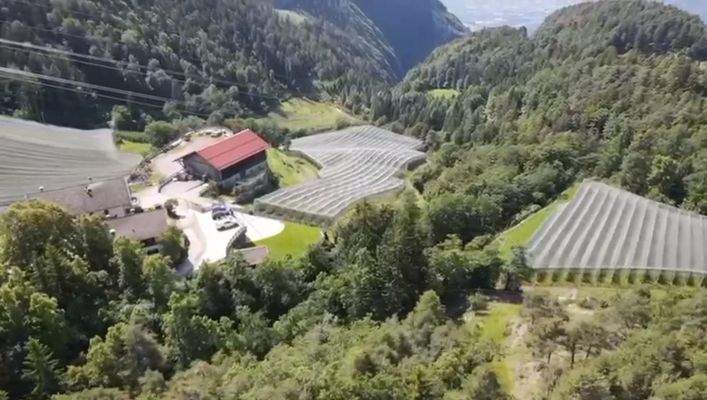 Vöran-Hof-traumhafteAussicht-Ruhe-Äpfel-Wiese-Kastanien-Südtirol-Meraner-Land-Stall-Scheune-Mühle-Beregnugn-Wasserspeicherbecken-Witschaftsgebäude-Bauernhof