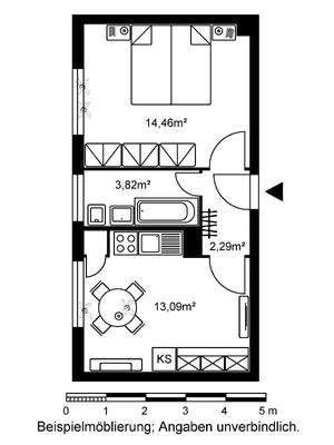 Grundriss im Erdgeschoss mit ca. 34 m² Wohnfläche Wohn-/Essbereich, Flur, Bad und Schlafzimmer.