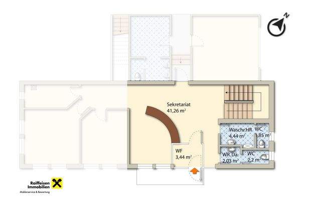 Erdgeschoss mit Empfangsbereich und Sanitär