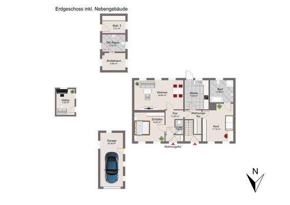 Erdgeschoss u. Nebengebäude mit Musterausstattung
