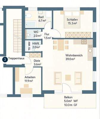Hinweis: Die Möblierung sowie die Anordnung im Badezimmer sind beispielhaft und dienen nur der Illustration.