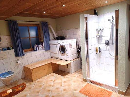 großer Raum im EG mit Dusche, WC und Waschmaschinenanschluss