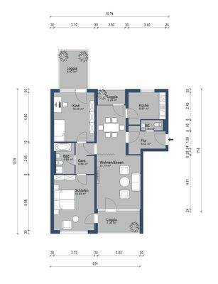 Bestand: Grundriss 3-Zimmer WHG 