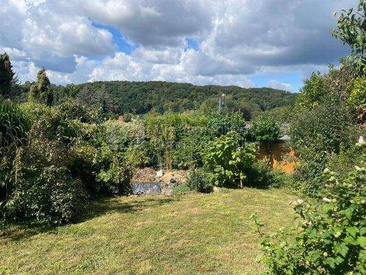 Gartenblick vom Erdgeschoss des Hauses mit Teich 