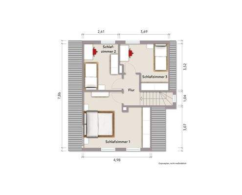 Grundriss Dachgeschoss (nicht maßstabsgerecht, Möblierungsbeispiel)