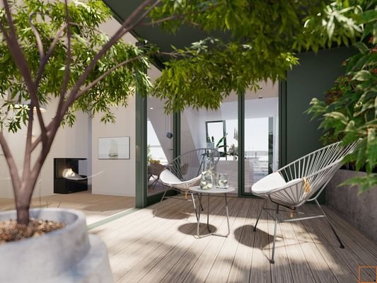 Atrium und Terrasse mit Blick zum Kamin