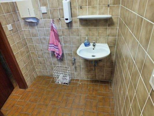 Voll verfliester Sanitärbereich im Stil der 70er Jahre