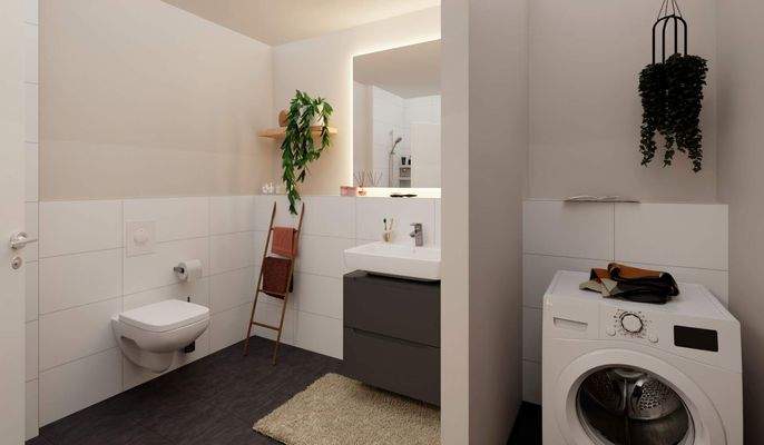 Ein modern gefliestes Badezimmer