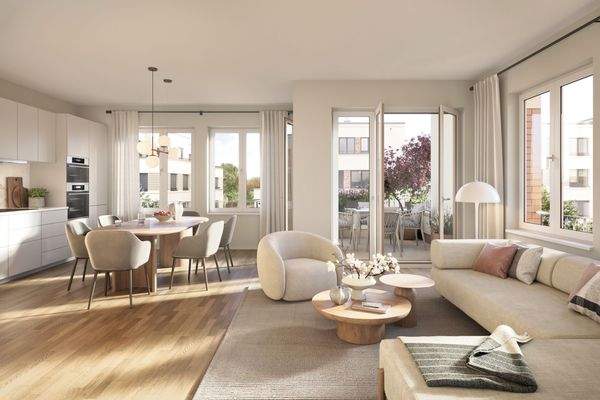 geraeumiges Wohnzimmer mit offener Kueche 