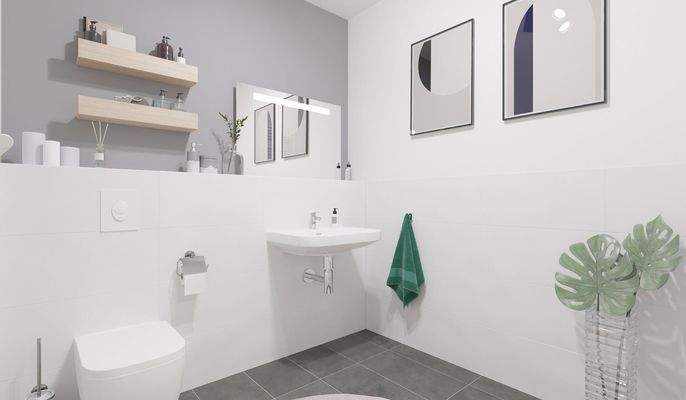 Ein modern gefliestes Badezimmer