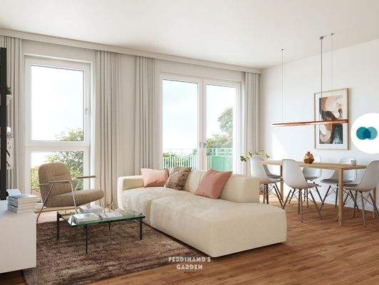 Ansicht I: Wohn- und Esszimmer mit offenem Küchenbereich