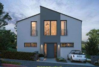 Frontale Abendansicht eines modernen massa haus Fertighaus Einfamilienhauses im Lifestyle-Design, mi