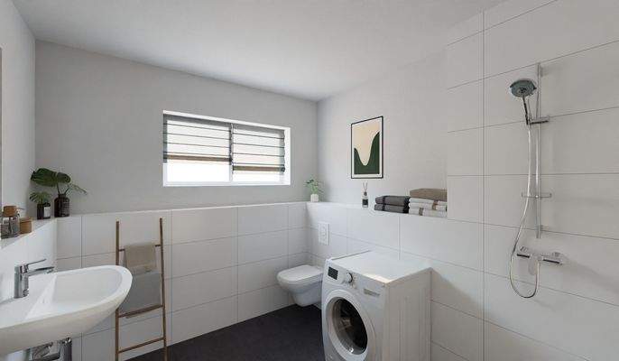 Tageslichtbad mit Badewanne und bodengleicher Dusc