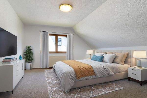 Schlafzimmer im Obergeschoss mit Einrichtungsbeispiel (KI)