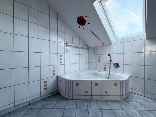 Badezimmer: Die Eckbadewanne lädt zu einem Entspannungsbad am Abend ein