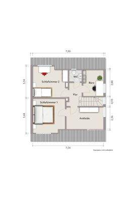 Grundriss Dachgeschoss (nicht maßstabsgerecht, Möblierungsbeispiel)