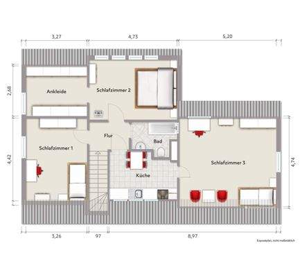 Grundriss Dachgeschoss (nicht maßstabsgerecht, Möblierungsbeispiel)