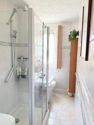 Tageslichtbad mit Dusche, WC, Waschtisch und Waschmaschienenstellplatz (Verkauf ohne Inventar)