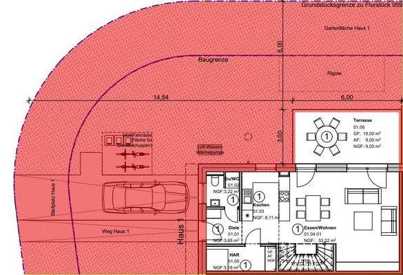 Grundriss Erdgeschoss mit Außenanlagen Haus 1 