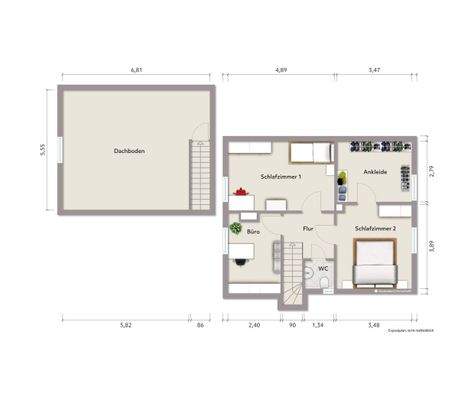 Grundriss Dachgeschoss (nicht maßstabsgerecht, Möblierungbeispiel)