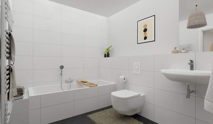 Modern gefliestes Badezimmer mit Badewanne