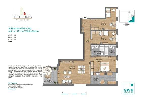 Grundriss mit Flur (12,45 m²), Bad (5,41 m²), Duschbad (5,7 m²), Küche (12,38 m²), Wohnzimmer (32,39 m²), Schlafzimmer (17,03 m²), Kinderzimmer (16,69 m²), 2. Kinderzimmer (13,80 m²) und Loggia (4,65 m²)