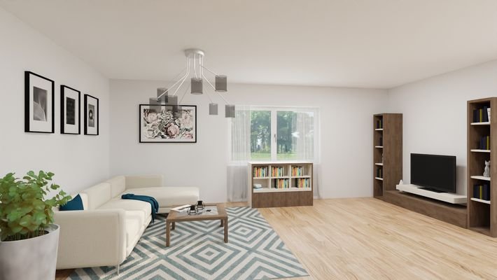 WE6 rechts - Wohn- und Esszimmer (43,85m²) mit offener Küche.