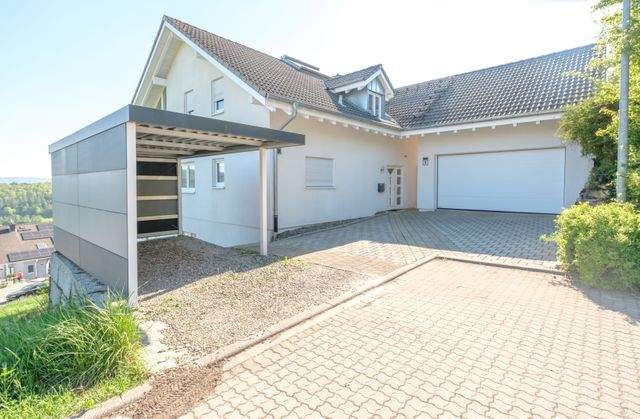 Hauseingang, Carport und Doppelgarage 