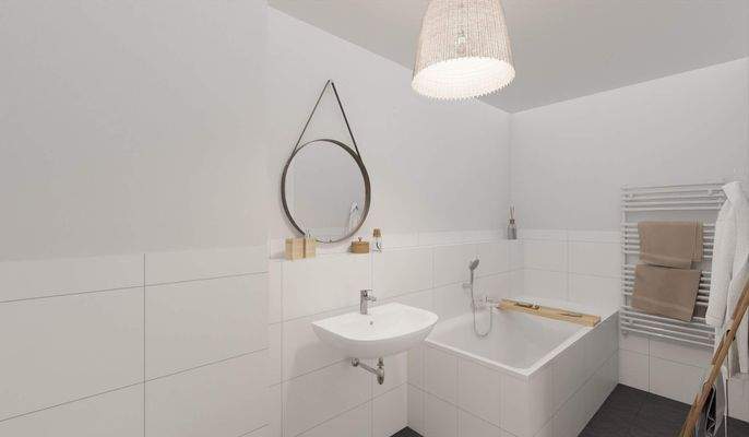 Modern gefliestes Badezimmer mit Badewanne