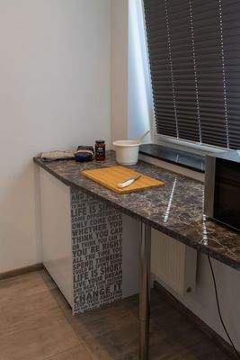 Rechte Küchenzeile mit Einbaukühlschrank.