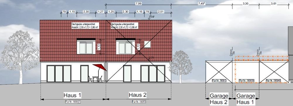 Haus 1 und Garage Ansicht West