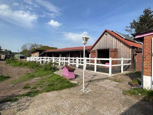 Blick auf Stallungen und Paddocks