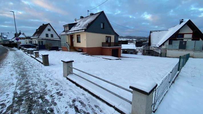 Ansicht mit Garten und Garagenzufahrt