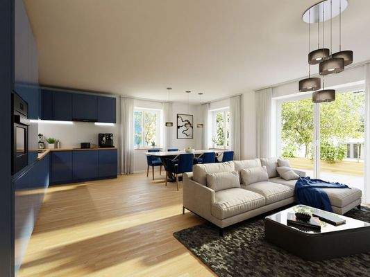Der lichtdurchflutete Wohnbereich mit offener Küche