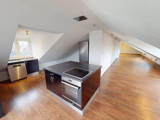 Ansicht V: Wohn- und Esszimmer mit offenem Küchenbereich