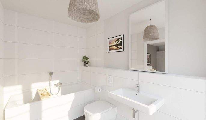 Modern gefliestes Badezimmer mit Badewanne