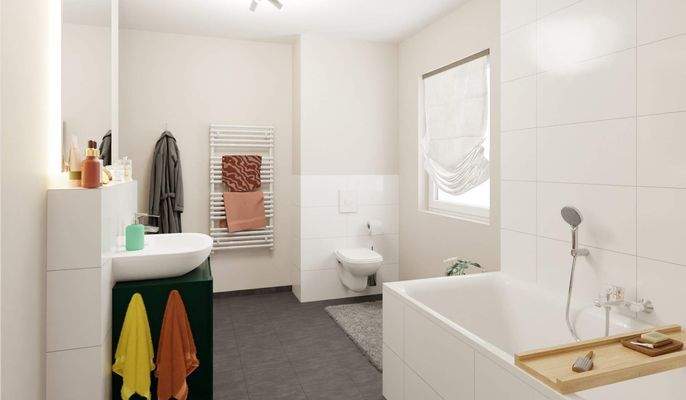 Modernes Tageslichtbad mit Dusche und Badewanne