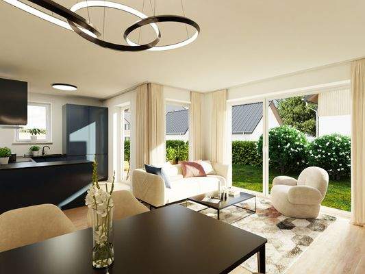 Unverbindliche Visualisierung des Wohn- und Essbereiches