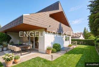 [KI-generierte Möblierung] Modern gestaltete Terrasse für gesellige Sommerabende