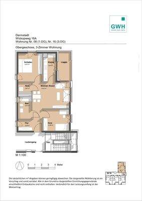 Grundriss mit Flur (6,18 m²), Tageslichtbad (6,52 m²), Küche (7,29 m²), Wohn-Ess-Bereich (23,51 m²), Schlafzimmer (14,97m²), Kinderzimmer (12,40 m²), Abstellraum (2,87 m²) und Balkon